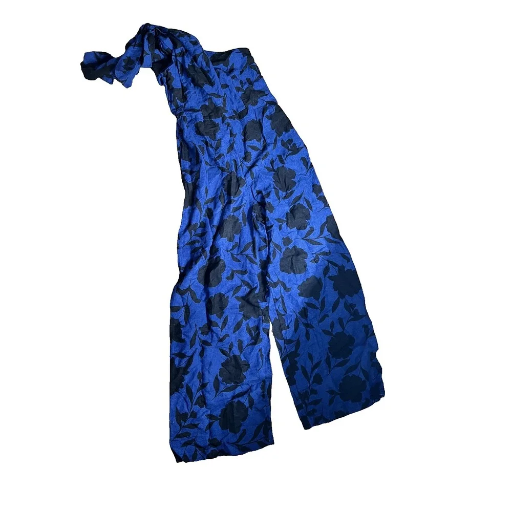 Kate Spade Jumpsuit Womens 6 Blue Black Floral One Shoulder Wide Leg Linen Blend